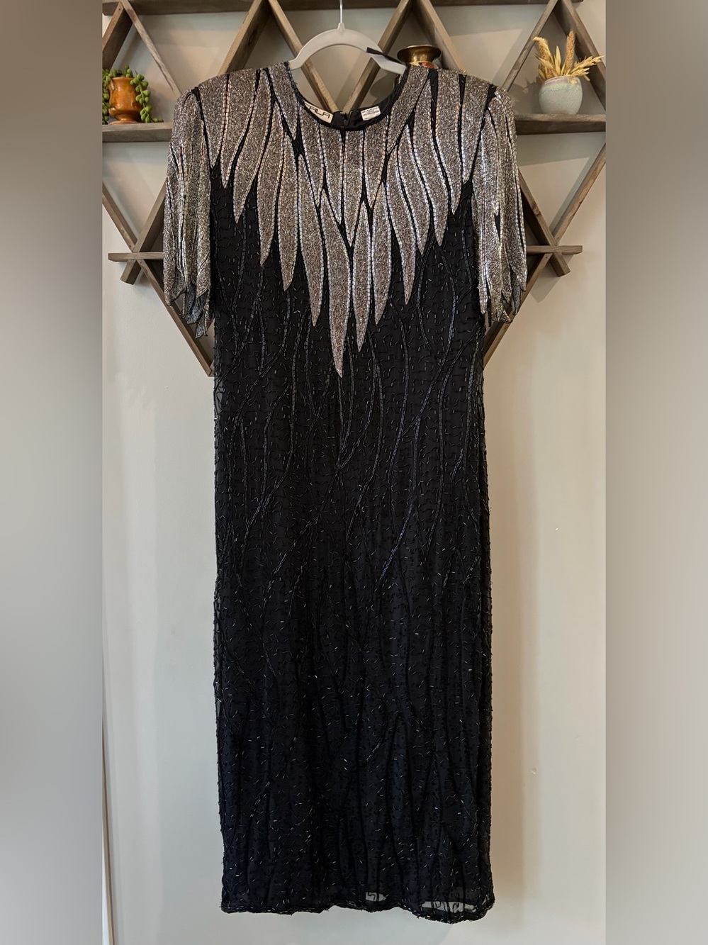 Vintage SCALA Silk Beaded Formal Evening Dress Silver Black. Size large.